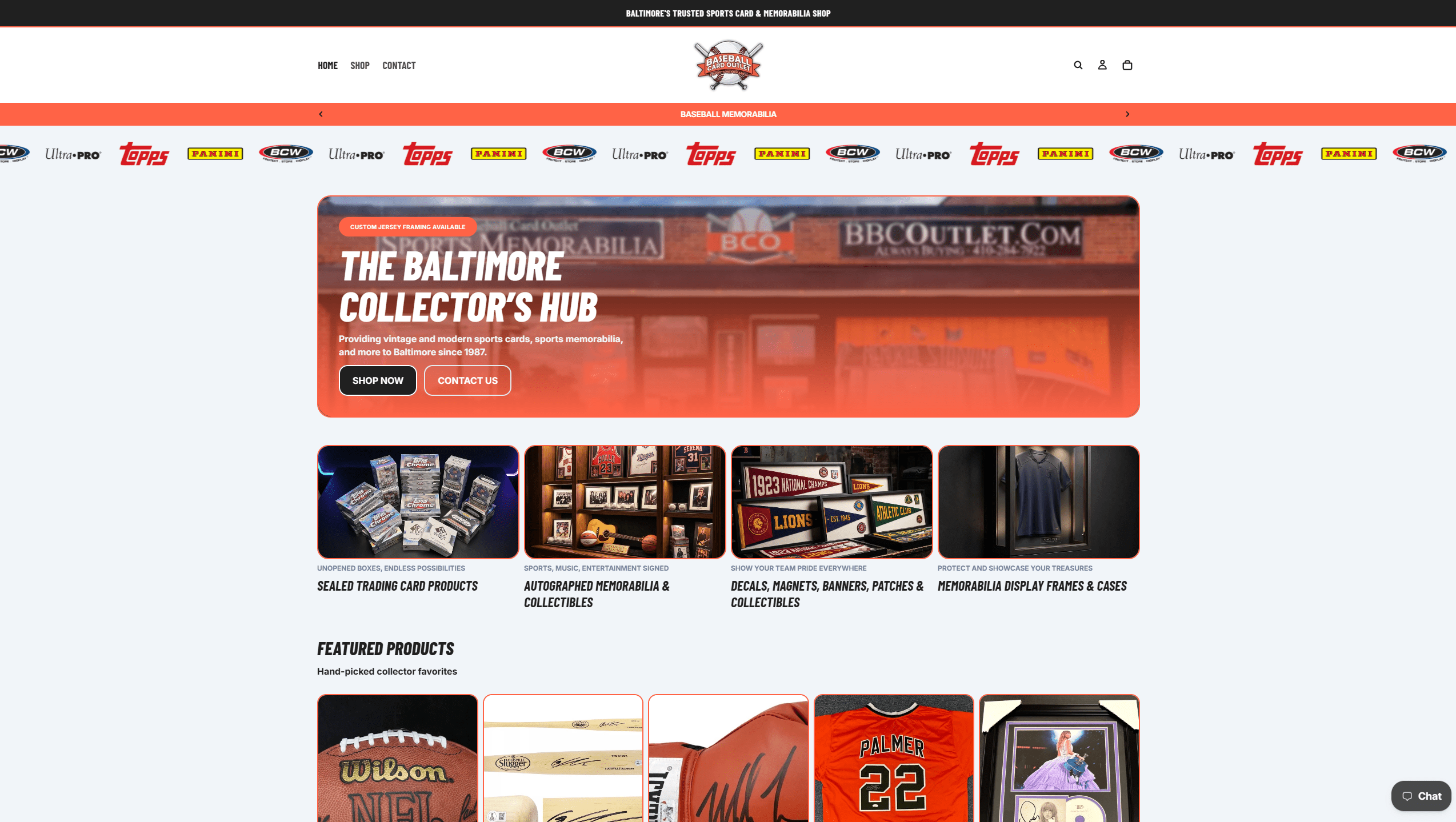 Baseball Card Outlet e-commerce website redesign completed by SyncTek Solutions featuring sports memorabilia, trading cards, and collectibles.